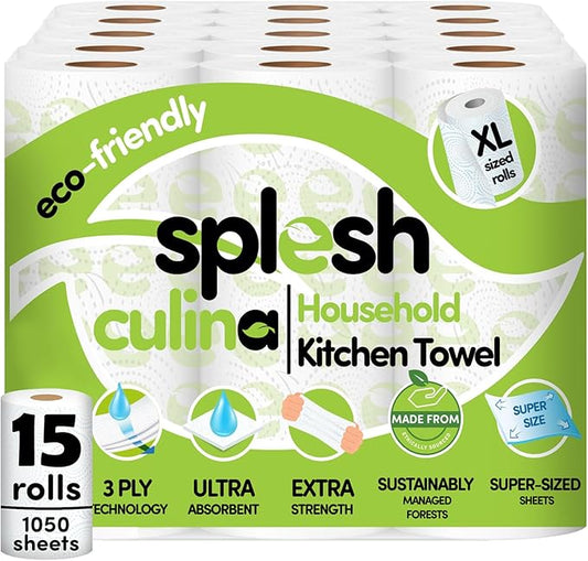 Splesh Culina Kitchen Towel - 15 XL Rolls (1050 Sheets) 3 Ply Ultra Absorbent & Extra Strong, Large Eco-Friendly Household Kitchen Rolls - 70 Super Sized Triple Layered Sheets Per Roll