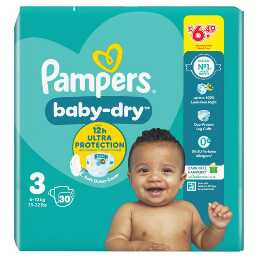 Pampers Baby-Dry Size 3, 30 Nappies, 6kg-10kg 30s × 4