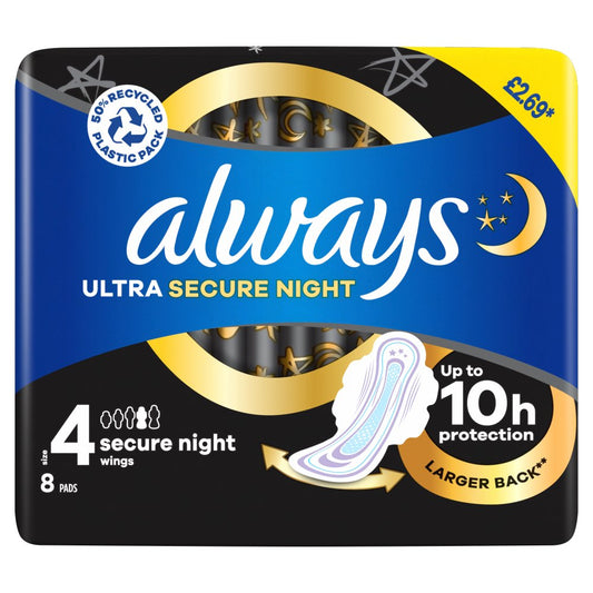 Always Ultra Sanitary Towels Secure Night (S4) Wings x8 x 4 x 6