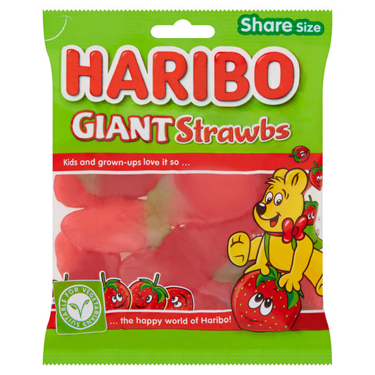 HARIBO Giant Strawbs Strawberry Flavour Chewy Jelly Sweets Sharing Bag  154g × 12